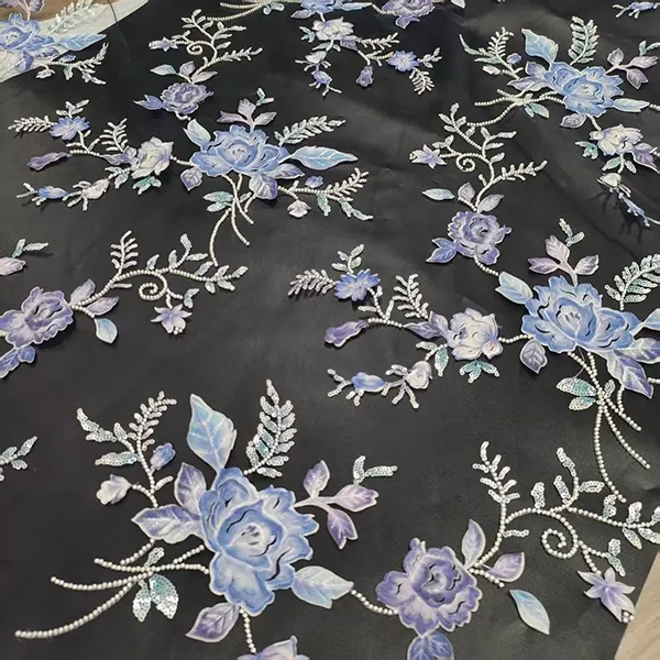 3D Bordir Bunga Applique Manik-manik lan Sequins Bordir Lace Fabric