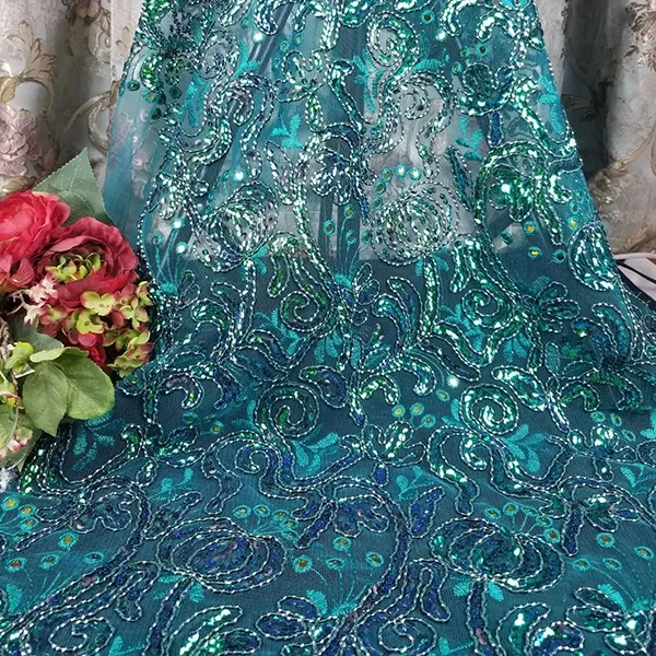 Custom High Quality Tulle Mesh Bordir Payet Kain Guipure Lace Fabric