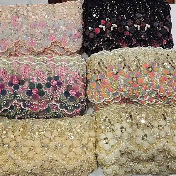 Renda Bordir Multicolor dengan 3D Mesh Bunga Pita Manik-manik Tabung Barcode Bordir Renda